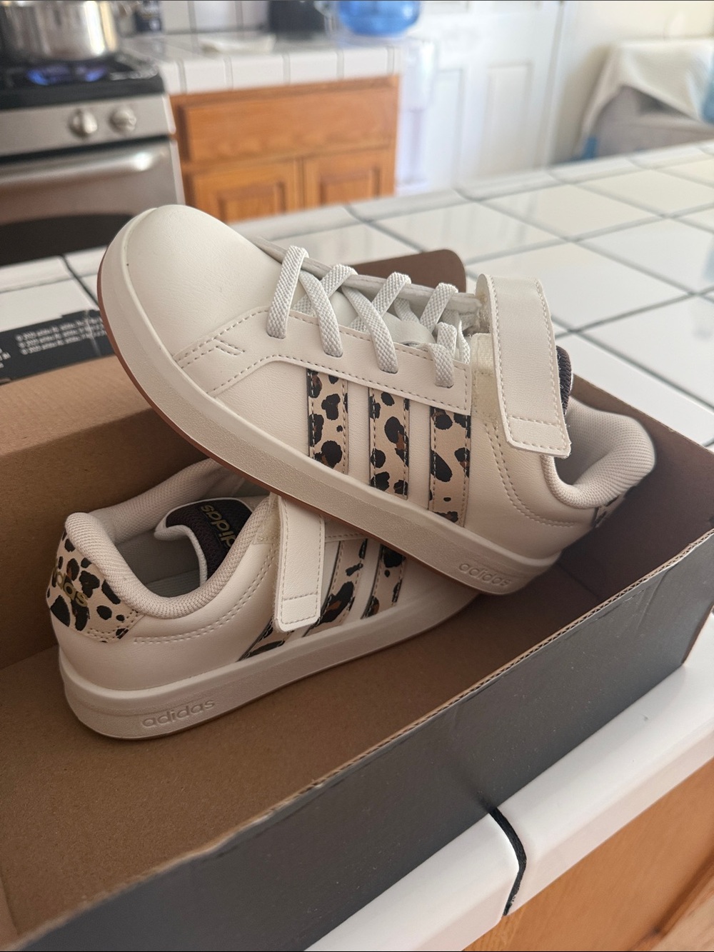 adidas Kids White Sneakers with Leopard Accent